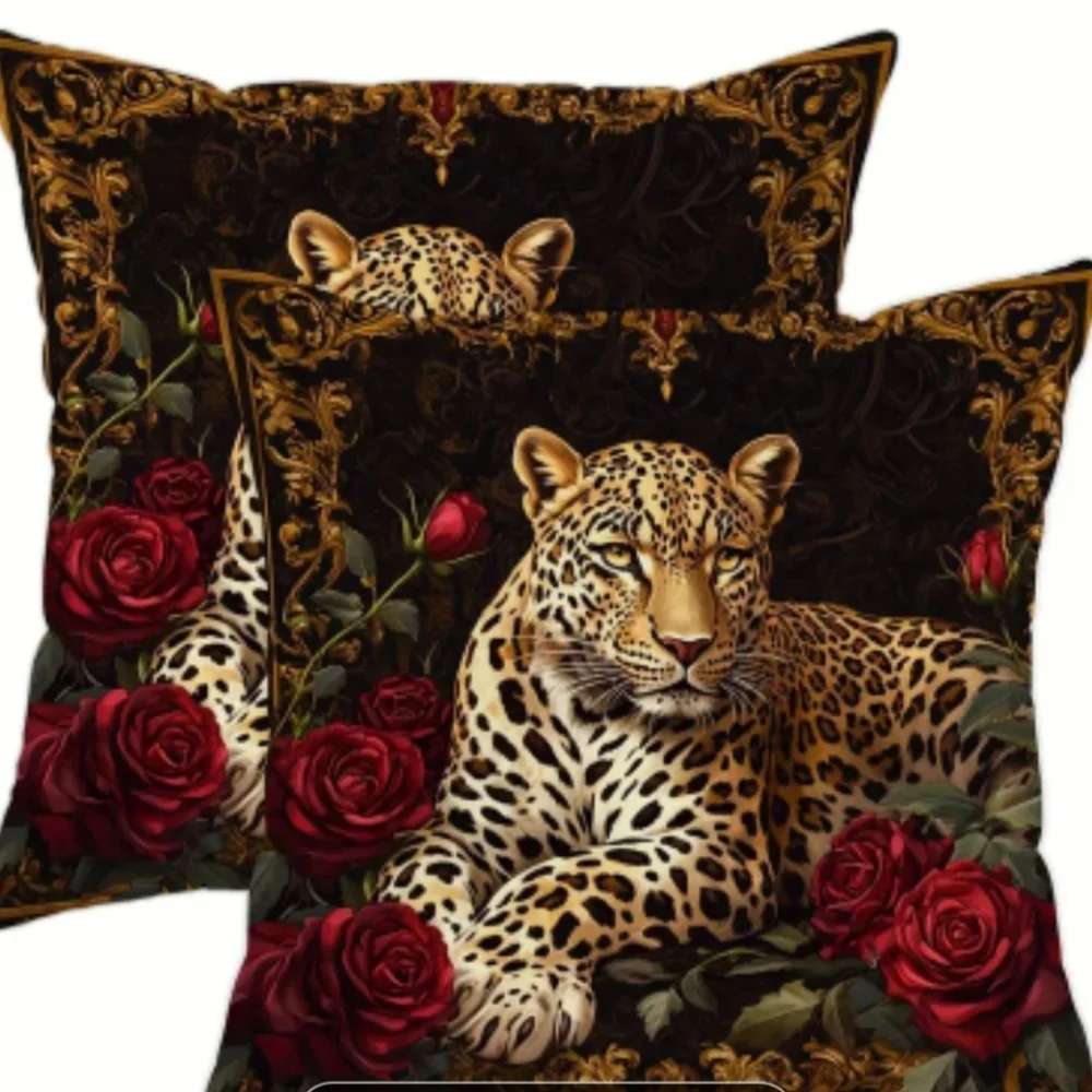 Set Elegant Black & Gold Leopard Design Throw Pillow Covers   NEW 20×20